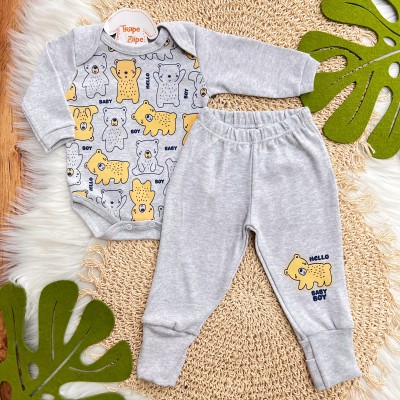  Kit 6 Peças - Hello Baby Boy - Azul Jeans, Mescla e Mostarda